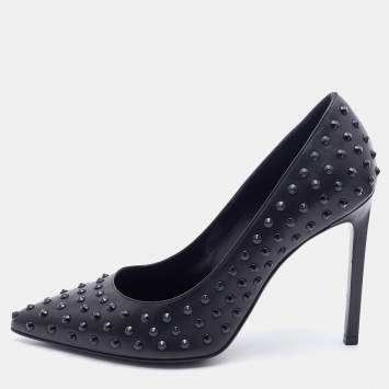 Pre Owned Saint Laurent Black Leather Spiked Pointed Toe Pumps Size 37