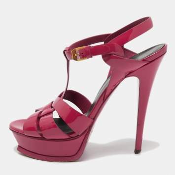 Pre Owned Saint Laurent Dark Pink Patent Leather Tribute Sandals Size 38.5