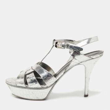 Pre Owned Saint Laurent Silver Croc Embossed Leather Tribute Sandals Size 39