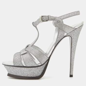 Pre Owned Saint Laurent Metallic Silver Glitter Tribute Platform Sandals Size 39