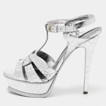 Pre Owned Saint Laurent Silver Croc Embossed Leather Tribute Sandals Size 38