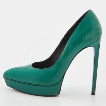 Pre Owned Saint Laurent Green Leather Classic Janis Platform Pumps Size 38