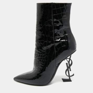 Pre Owned Saint Laurent Black Croc Embossed Patent Leather Opyum Mid Calf Booties Size 38