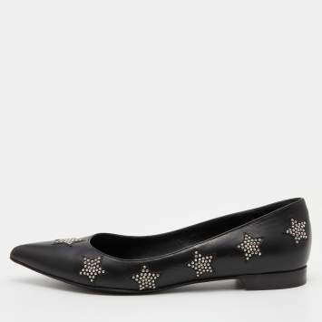 مملوكة مسبقًا Saint Laurent Black Leather Star Studded Pointed Toe Ballet Flats Size 37.5