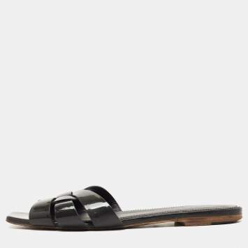 Pre Owned Saint Laurent Paris  Grey Patent Tribute Flat Slides Size 37.5  