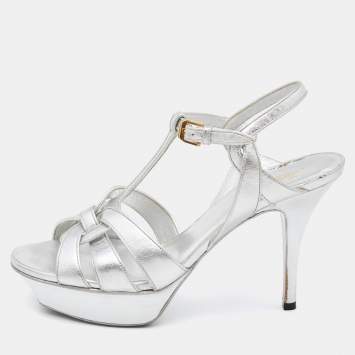 Pre Owned Saint Laurent Silver Leather Tribute Platform Sandals Size 38