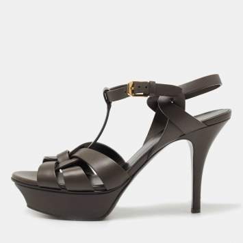 Pre Owned Saint Laurent Grey Leather Tribute Sandals Size 37