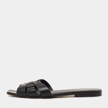 Pre Owned Saint Laurent Black Leather Tribute Flat Slides Size 38