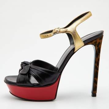 Pre Owned Saint Laurent Black/Gold Leather Platform Ankle Strap Sandals Size 36.5