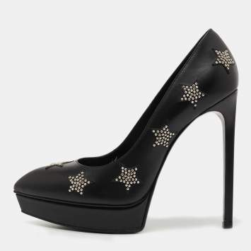Pre Owned Saint Laurent Black Leather Studded Star Platform Pumps Size 37.5