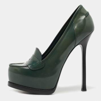 Pre Owned Saint Laurent Dark Green Leather Tribtoo Penny Loafer Pumps Size 38