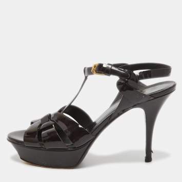 Pre Owned Saint Laurent Paris Burgundy Patent Leather Tribute Sandals Size 38