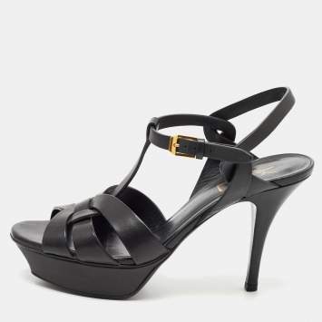 Pre Owned Saint Laurent Black Leather Tribute Sandals Size 38