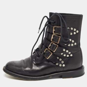 Pre Owned Saint Laurent Black Leather Studded Rangers Boots Size 40.5