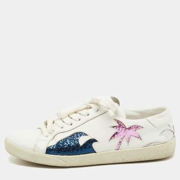 Pre Owned Saint Laurent Paris White/Blue Glitter and Leather  Lace Up  Sneakers Size 37