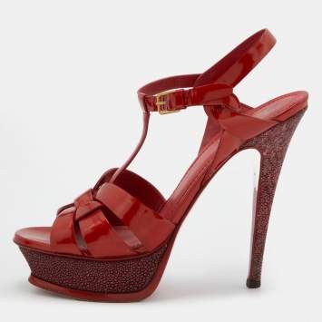 Pre Owned Yves Saint Laurent Orange Patent Leather Tribute Platform Sandals Size 39.5