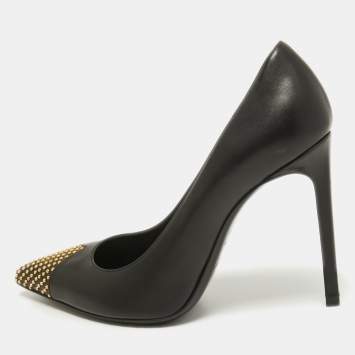 Pre Owned Saint Laurent Black Studded Leather Janis Pointed Toe Pumps Size 36