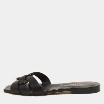 Pre Owned Saint Laurent Black Leather Tribute  Flat Slides Size 36