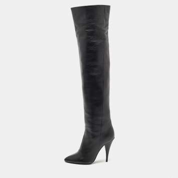 Pre Owned Saint Laurent Paris Black Leather Knee Length Boots Size 37