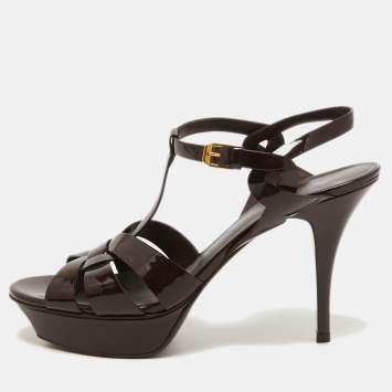 Pre Owned Saint Laurent Burgundy Patent Leather Tribute Sandals Size 41