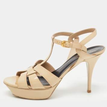 Pre Owned Saint Laurent Beige Patent Leather Tribute Sandals Size 41