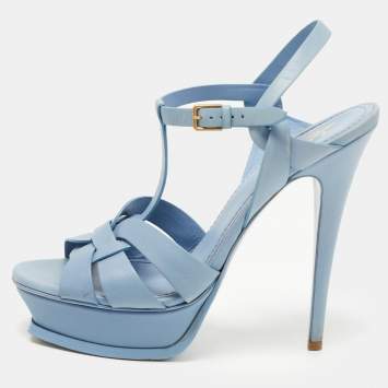 Pre Owned Saint Laurent Light Blue Leather Tribute Sandals Size 40