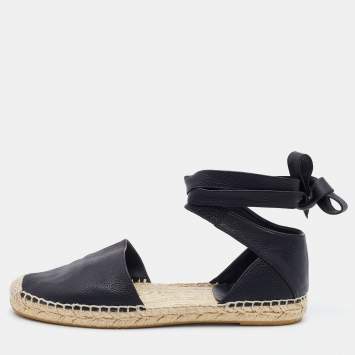 مملوكة مسبقًا Saint Laurent Black Leather Tie Up Espadrille Flat Size 35.5