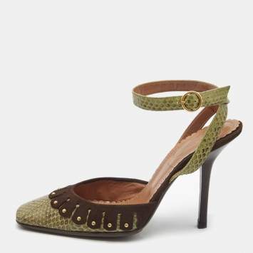 Pre Owned Saint Laurent Paris Green/Brown Python and Suede Ankle Strap Pumps Size 39