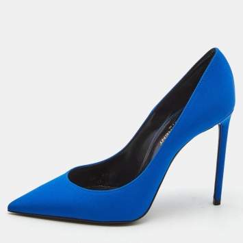 Pre Owned Saint Laurent Navy Blue Canvas Pointed Pumps Size 36.5