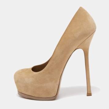 Pre Owned Saint Laurent Beige Suede Tribtoo Platform Pumps Size 38.5