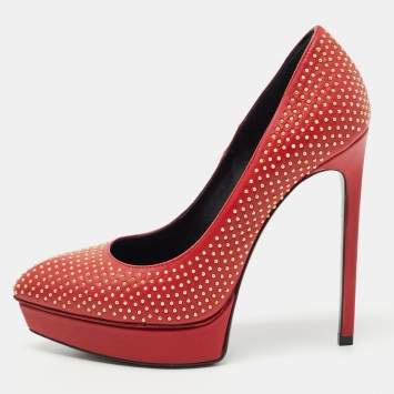 Pre Owned Saint Laurent Red Studded Leather Janis Platform Pumps Size 35.5