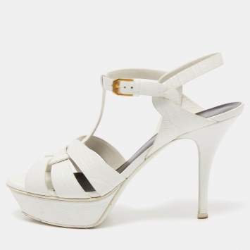 Pre Owned Saint Laurent White Lizard Embossed Leather Tribute Sandals Size 39.5