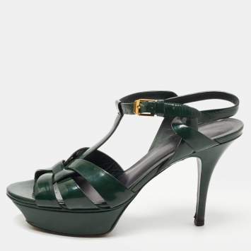 Pre Owned Saint Laurent Green Patent Leather Tribute Sandals Size 37