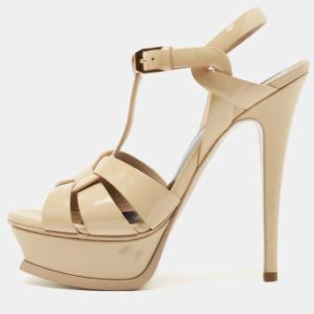 Pre Owned Saint Laurent Beige Patent Leather Tribute Sandals Size 35.5