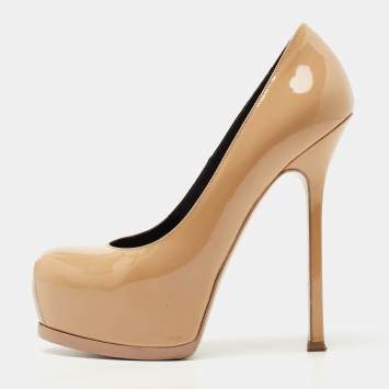 Pre Owned Saint Laurent Beige Patent Leather Tribtoo Platform Pumps Size 38.5