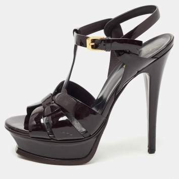 Pre Owned Saint Laurent Burgundy Patent Leather Tribute Platform Ankle Strap Sandals Size 36