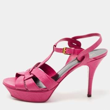Pre Owned Saint Laurent Pink Croc Embossed Leather Tribute Sandals Size 39.5