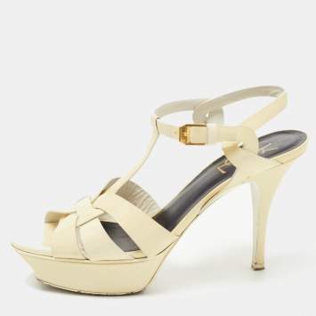 Pre Owned Saint Laurent Cream Patent Leather Tribute Sandals Size 38