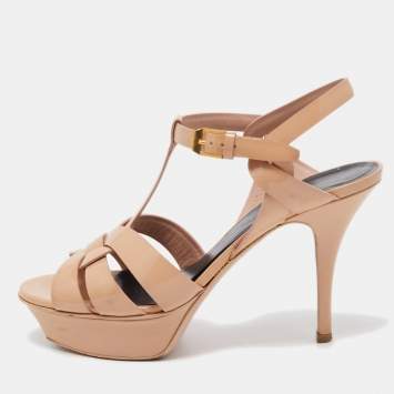 Pre Owned Saint Laurent Beige Patent Leather Tribute Sandals Size 37