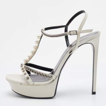 Pre Owned Saint Laurent Off White Leather Chain Embellished Strappy Sandals Size 39.5