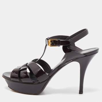 Pre Owned Saint Laurent Burgundy Patent Leather Tribute Sandals Size 37.5