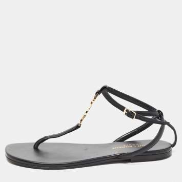 Pre Owned Saint Laurent Black Leather Logo T Bar Ankle Strap Flat Sandals Size 35