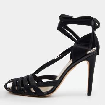 Pre Owned Saint Laurent Paris Black Satin Cage Ankle Wrap Pumps Size 40