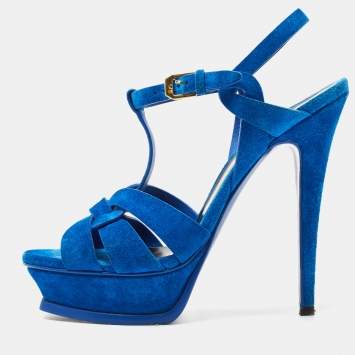 Pre Owned Saint Laurent Blue Suede Tribute Sandals Size 37.5