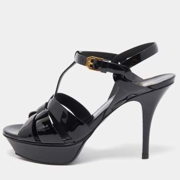 Pre Owned Saint Laurent Paris Black Leather Tribute Platform Ankle Strap Sandals Size 38