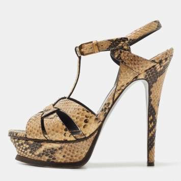 Pre Owned Saint Laurent Brown Python Embossed Leather Tribute  Sandals Size 38