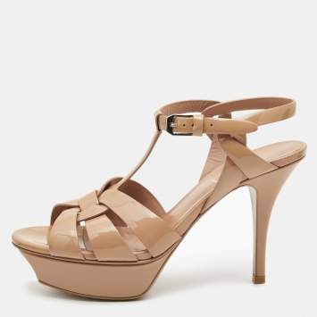 Pre Owned Saint Laurent Beige Patent Tribute Ankle Strap Sandals Size 36