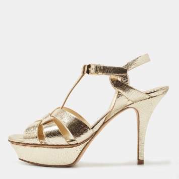 Pre Owned Saint Laurent Gold Leather Tribute Sandals Size 38