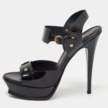 Pre Owned Saint Laurent Black Patent Leather Ankle Strap Sandals Size 40