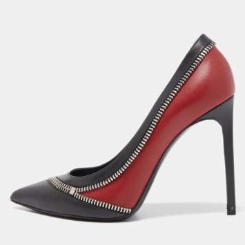 Pre Owned Saint Laurent Black/Red Leather Zipper Pointed Toe Pumps Size 40